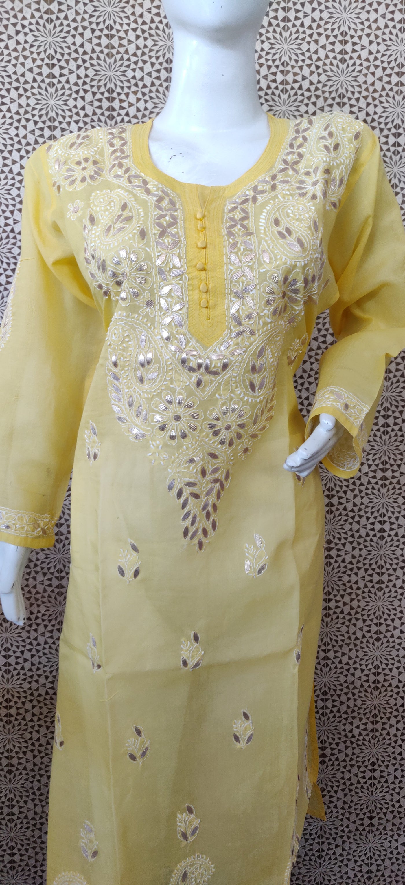 Yellow voile cotton chikankari kurta