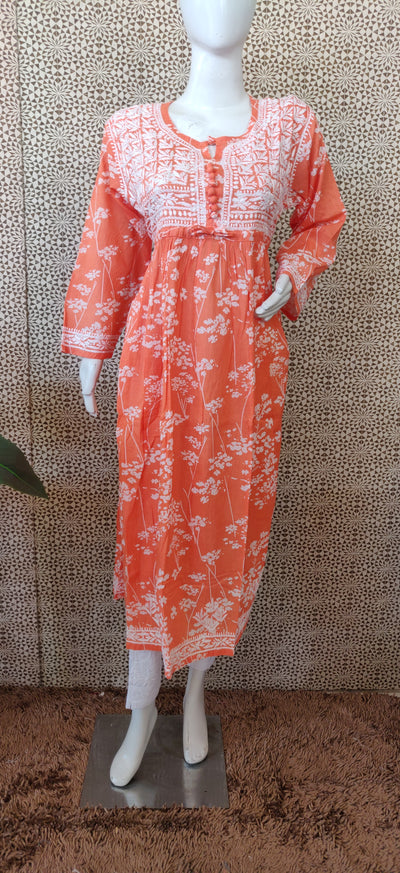 Orange printed  mul cotton chikankari dress