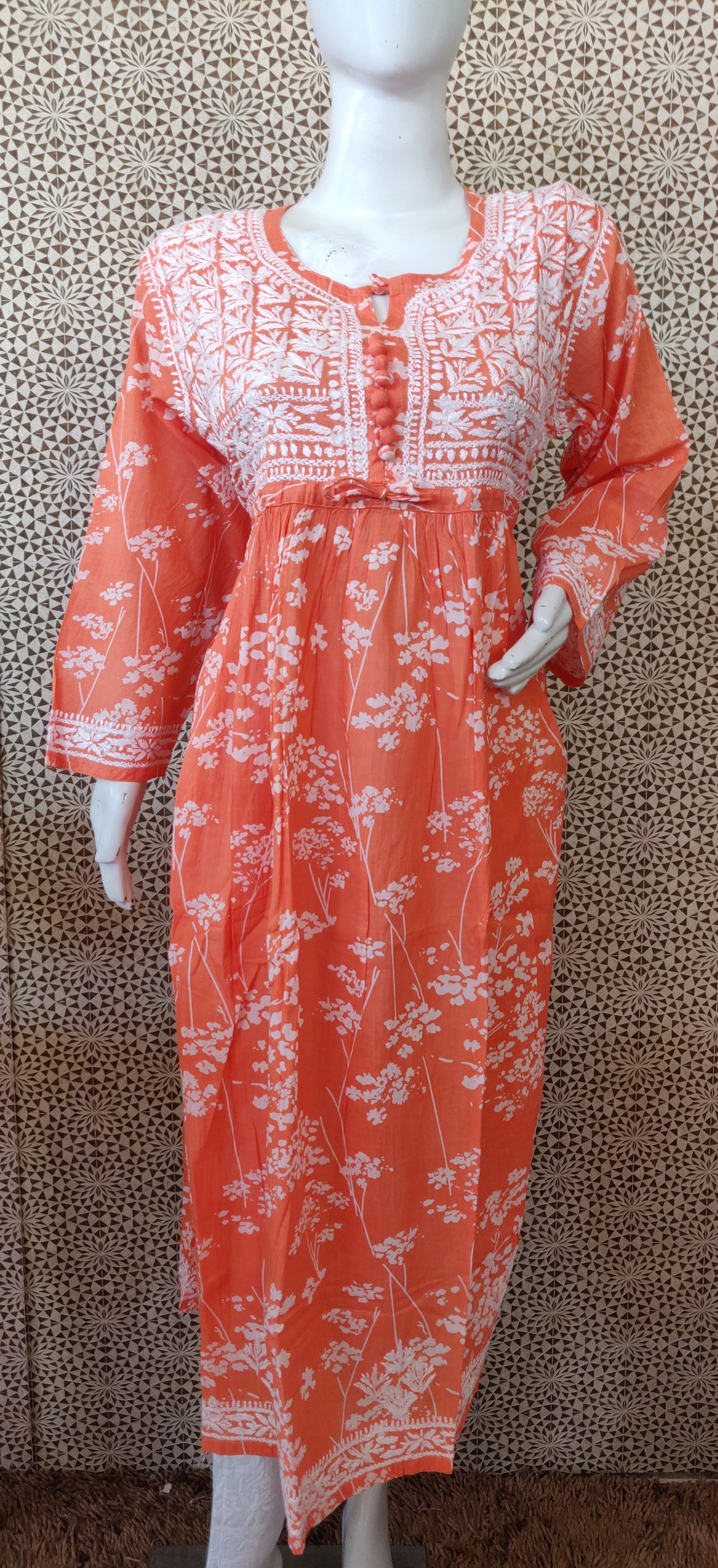 Orange mul cotton chikankari kurta