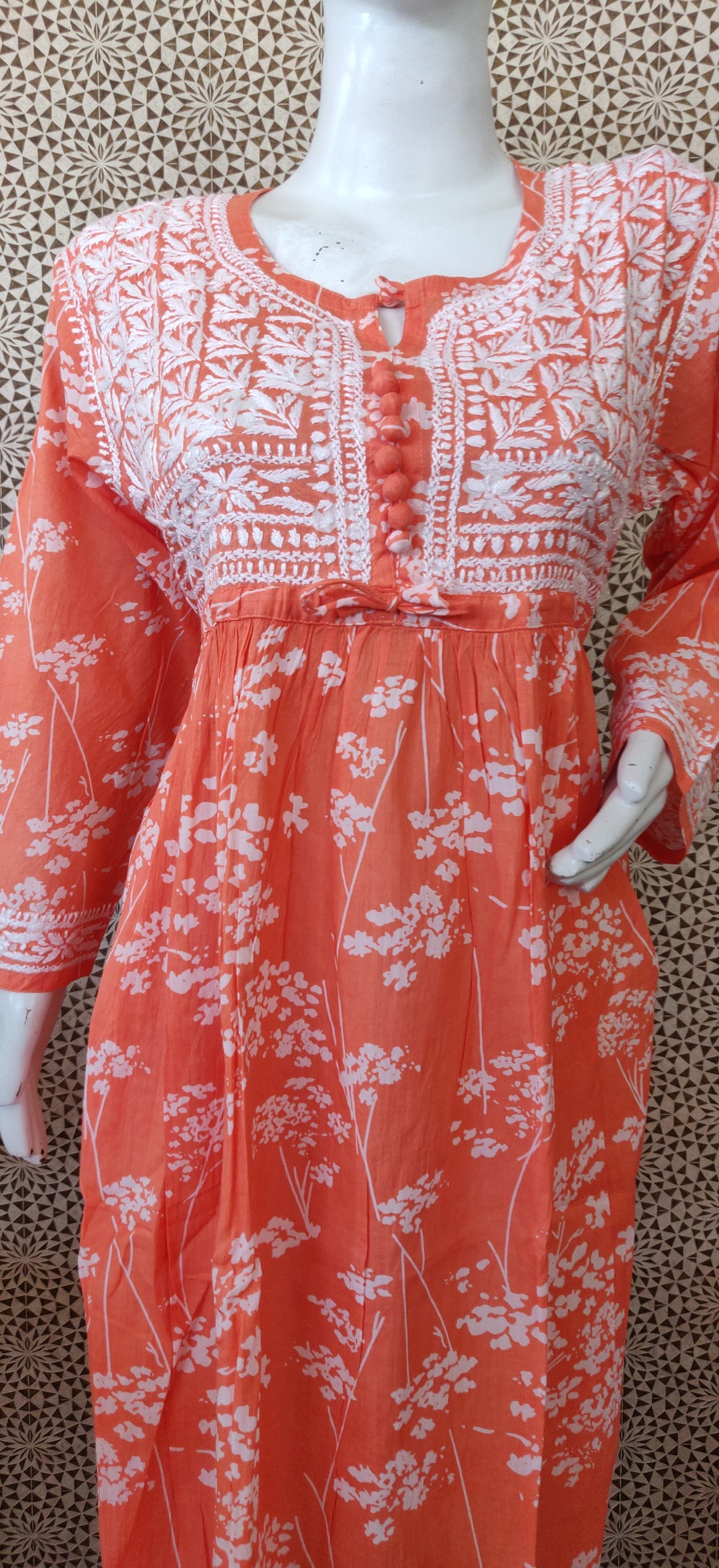 Orange printed  mul cotton chikankari dress