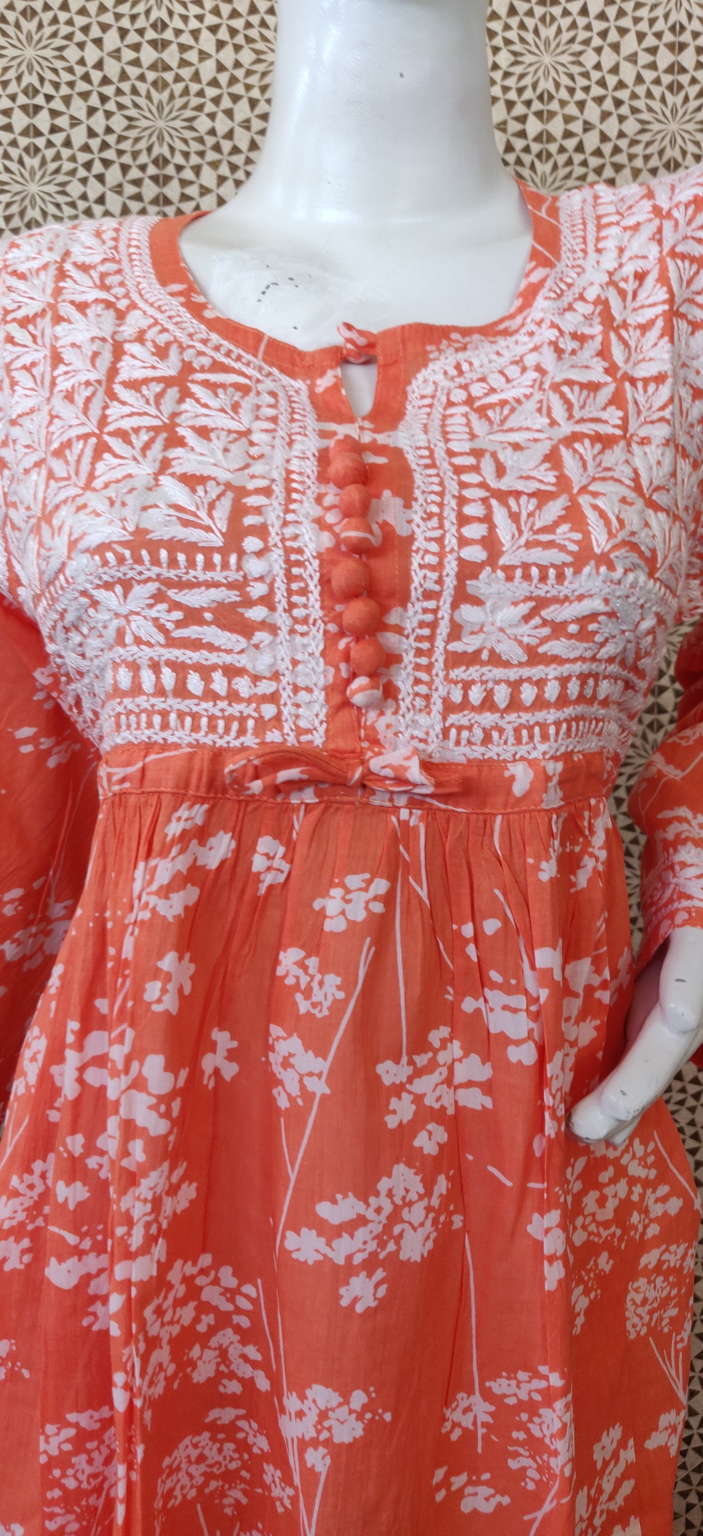 Orange mul cotton chikankari kurta