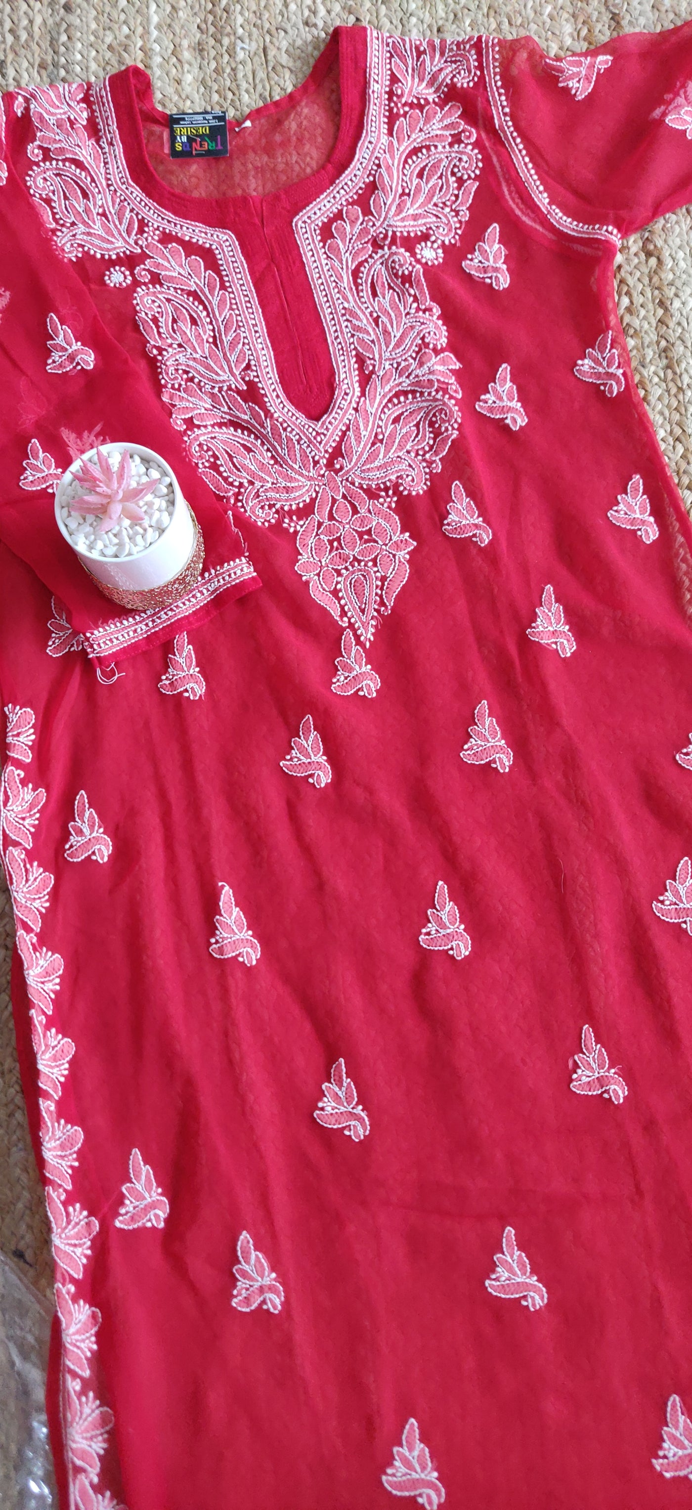 Red Georgette Chikankari Kurta