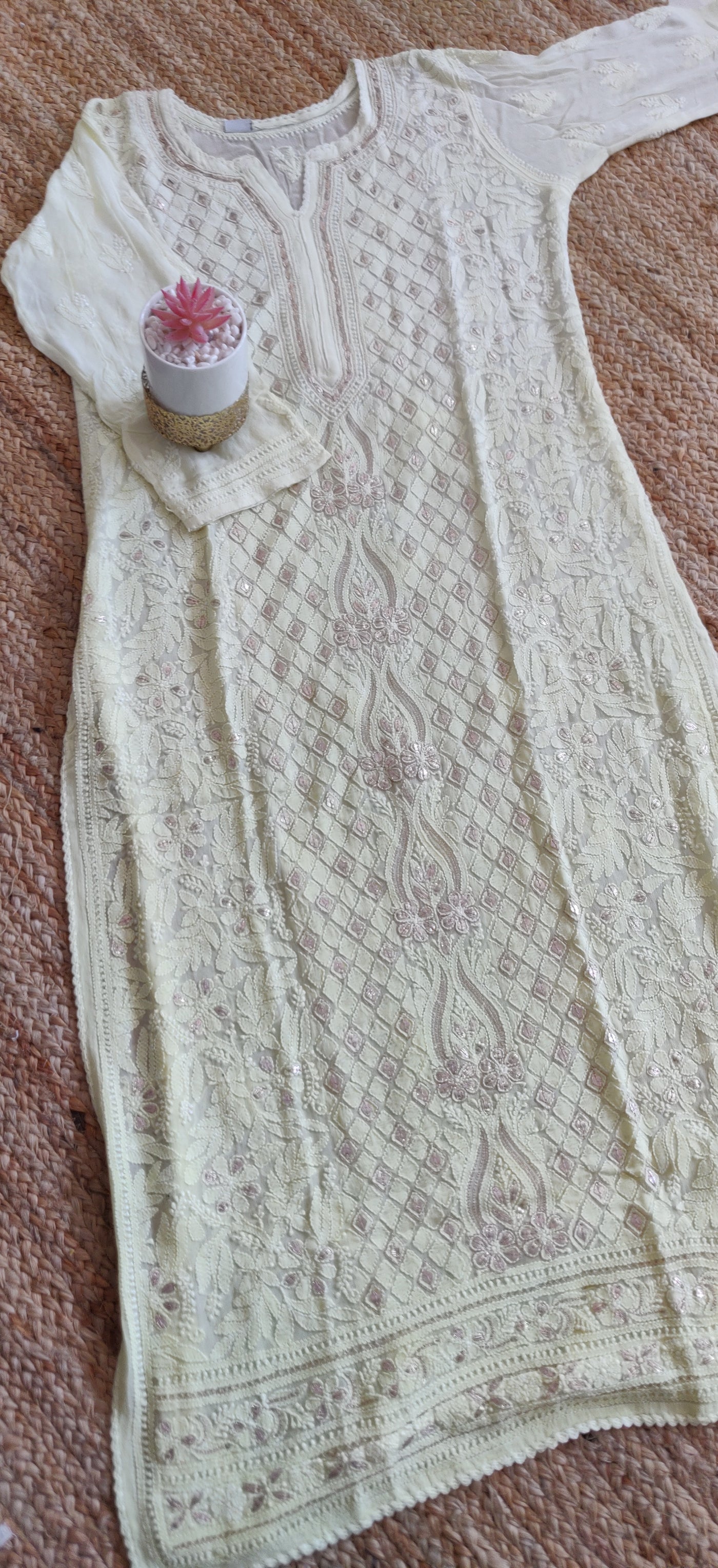 Lemon yellow Pure Georgette chikankari kurta