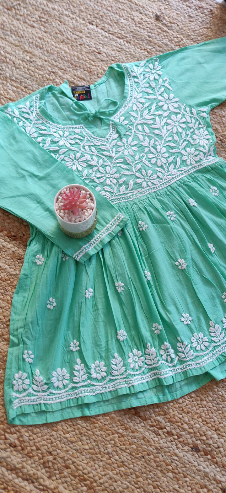 Sea Green Cotton chikankari  Short Kurta