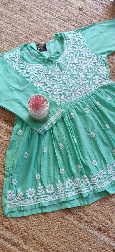 Cotton chikankari Sea Geen Short Kurta