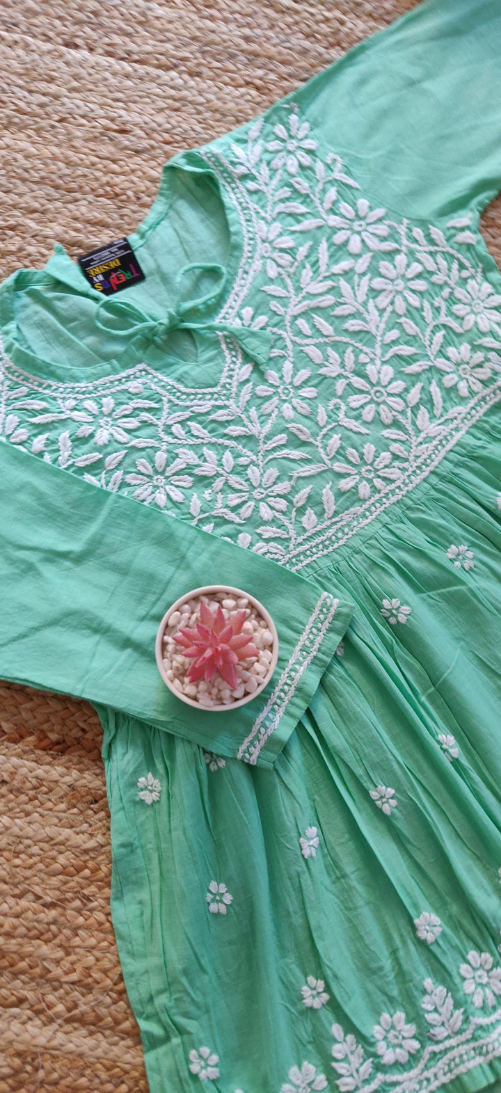 Sea Green Cotton chikankari  Short Kurta