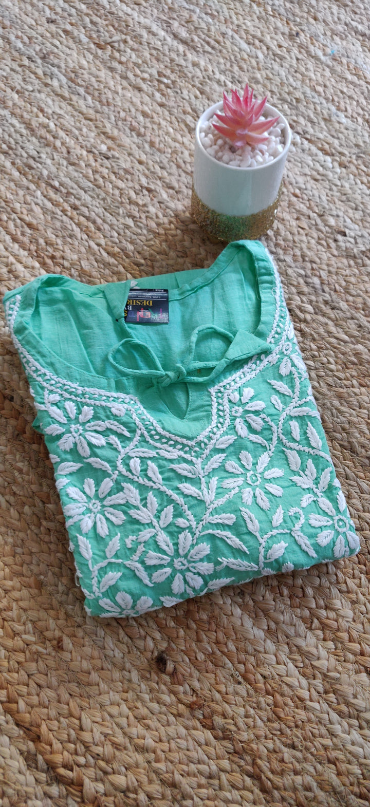 Sea Green Cotton chikankari  Short Kurta