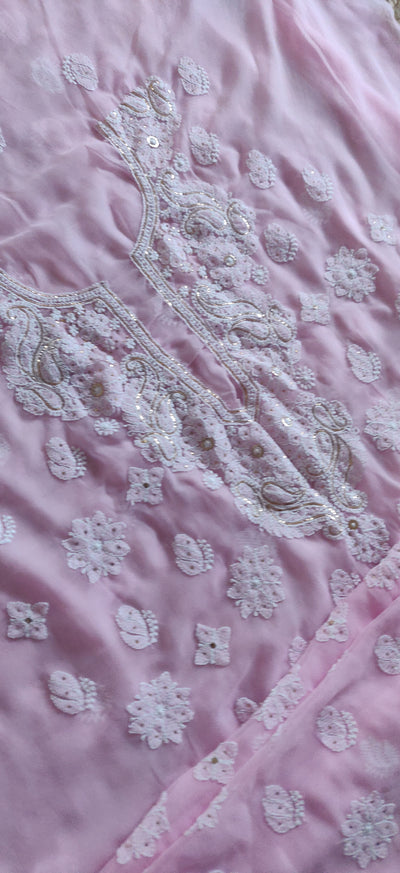 Pink faux georgette Chikankari Kurta Dupatta fabric