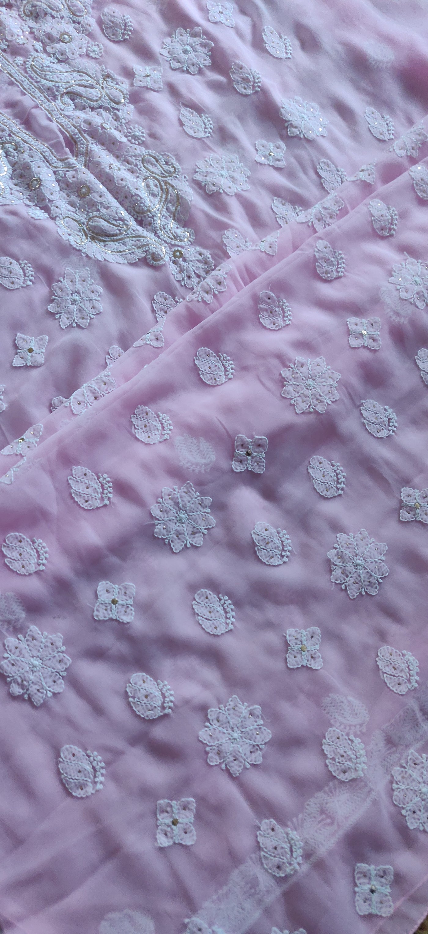 Pink faux georgette Chikankari Kurta Dupatta fabric