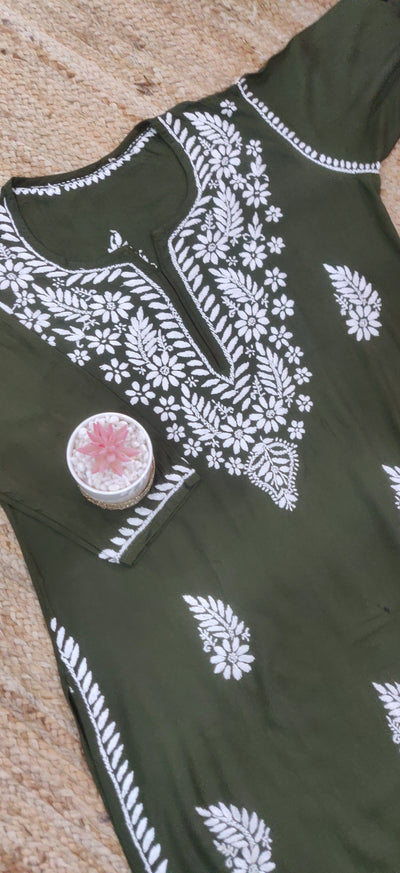 Mehndi Reyon Modal Chikankari Kurta- Custom Made