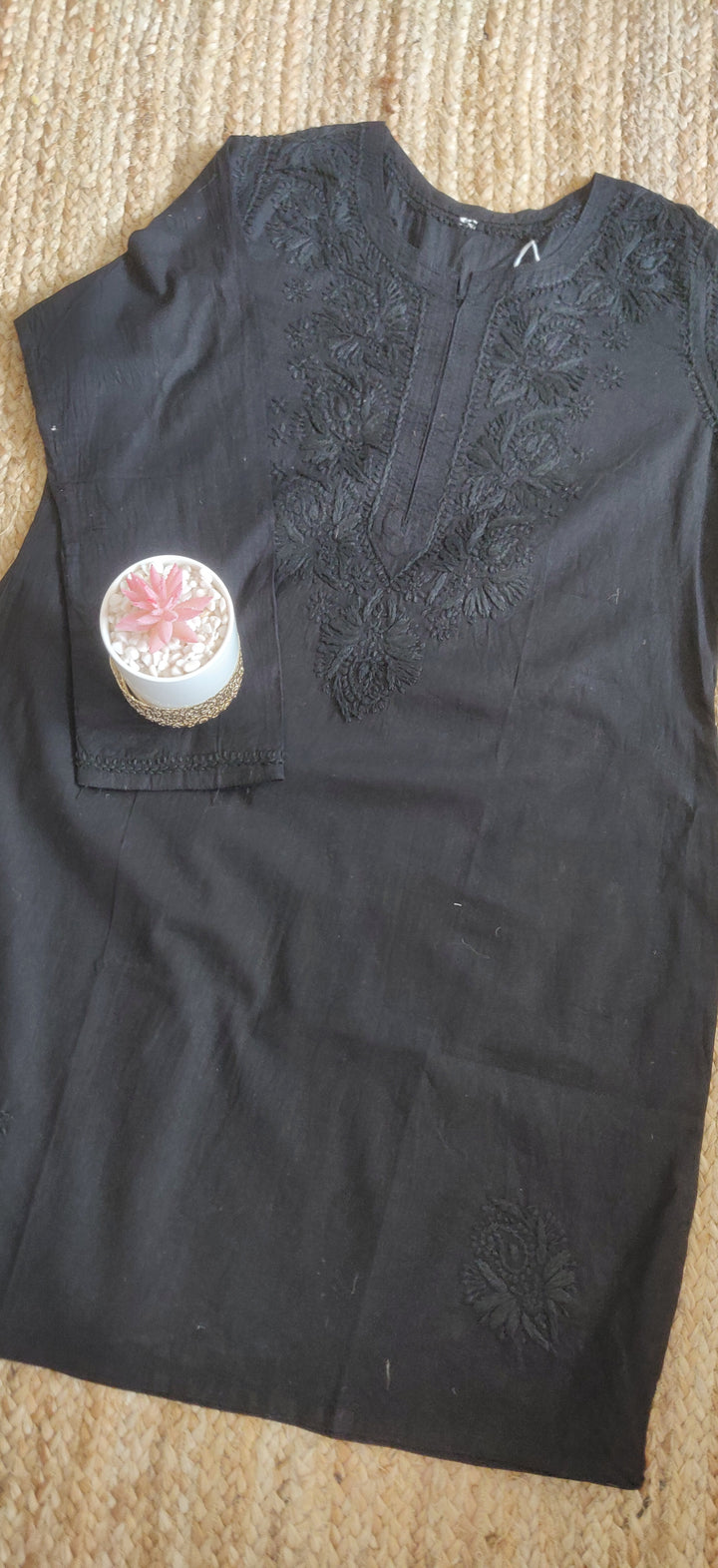 Black Cotton Chikankari Short Kurta