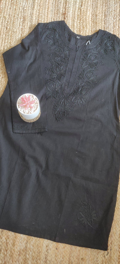 Black Cotton Chikankari Short Kurta