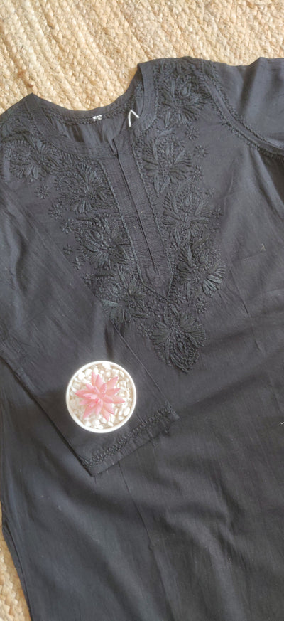 Black Cotton Chikankari Short Kurta