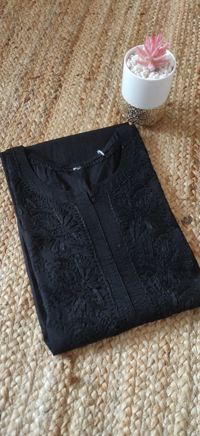 Black Cotton Chikankari Short Kurta