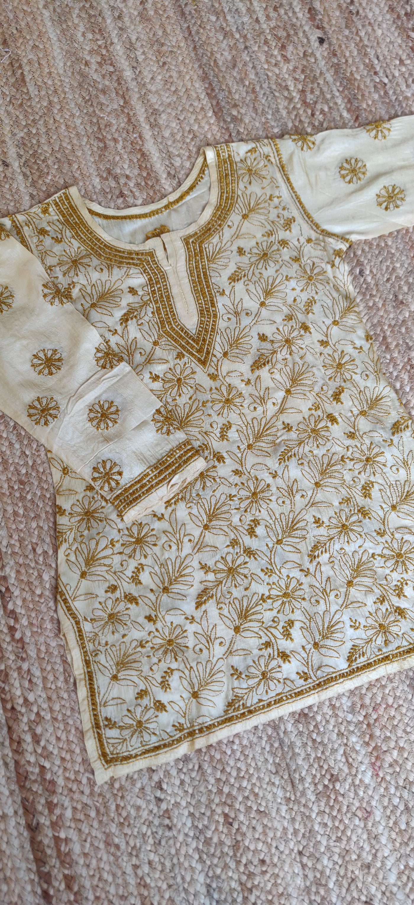 Mustard Silk Chikankari Short Kurta