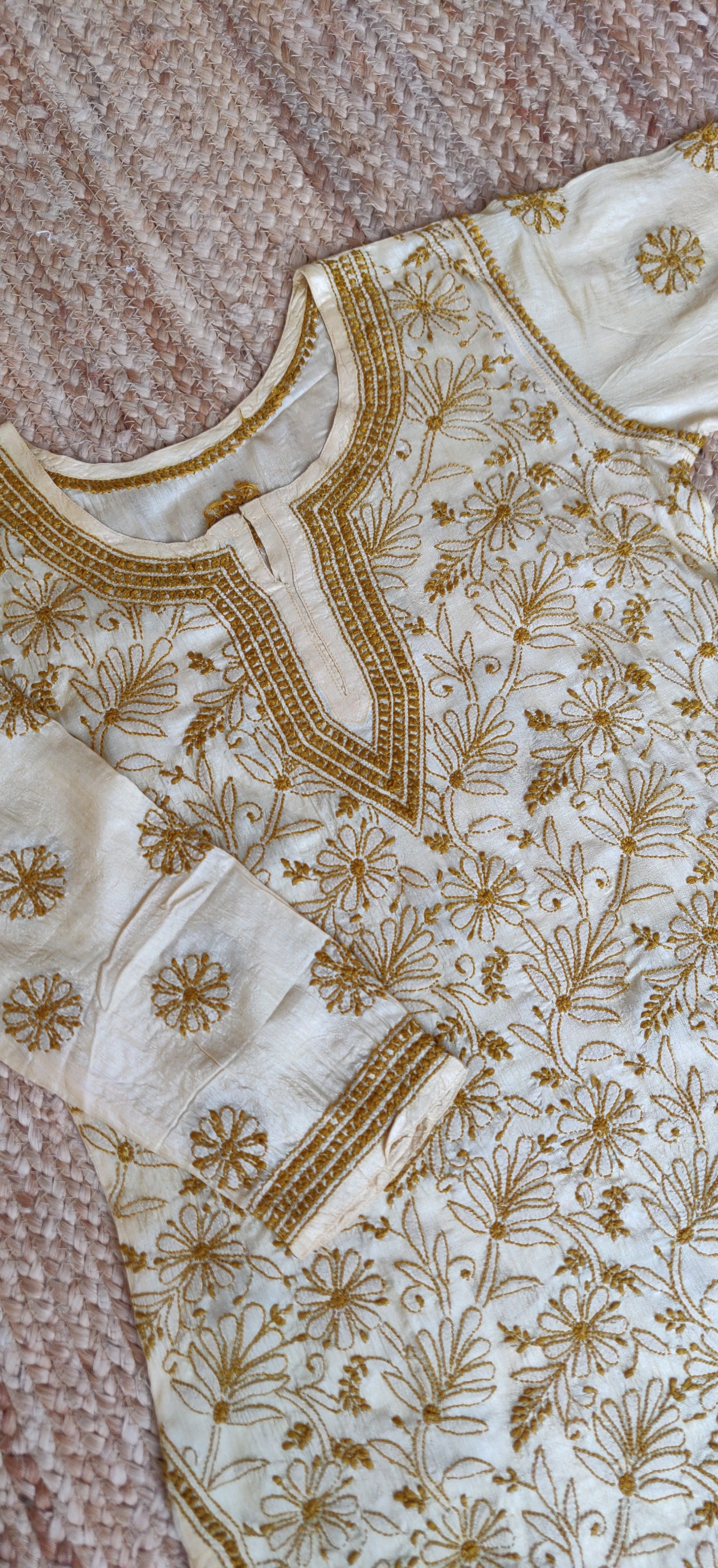 Mustard Silk Chikankari Short Kurta