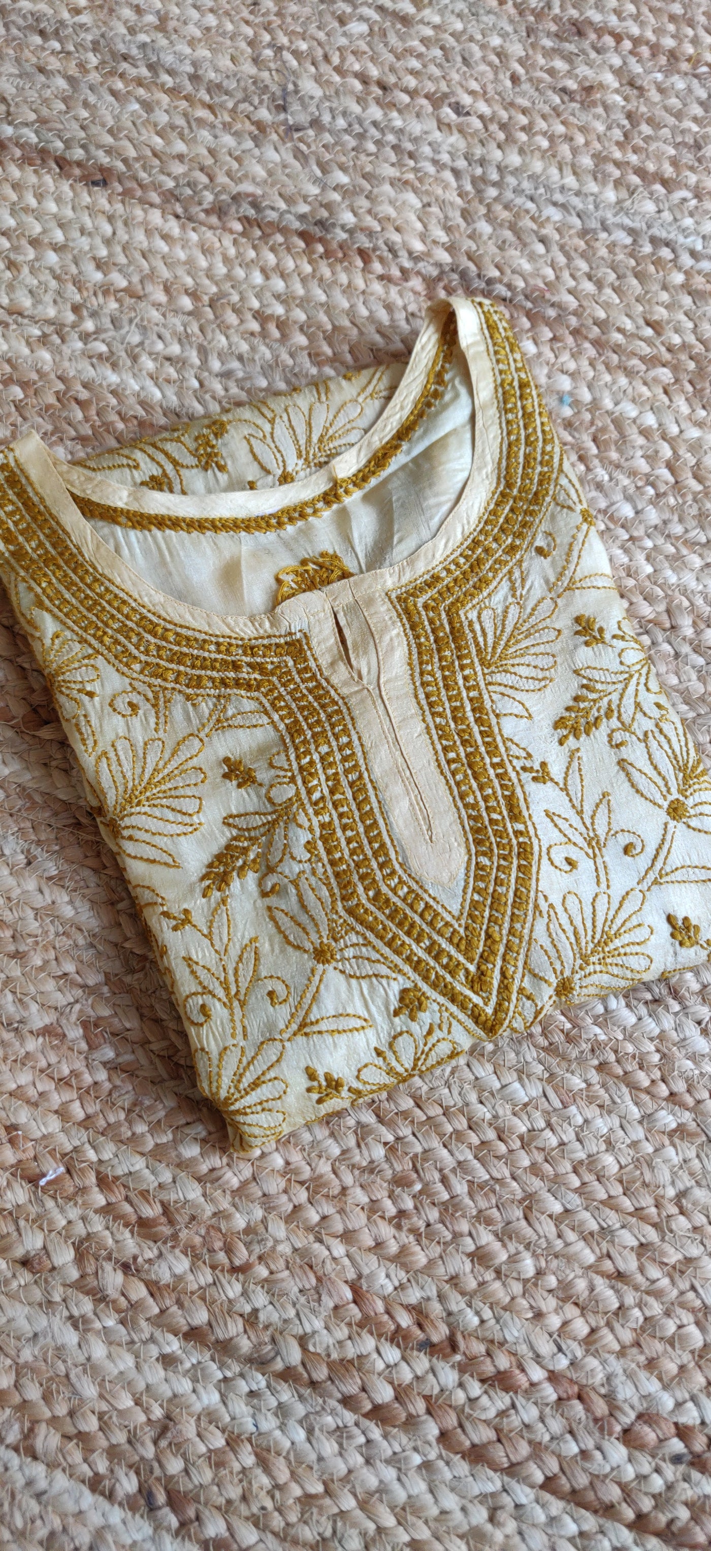 Mustard Silk Chikankari Short Kurta