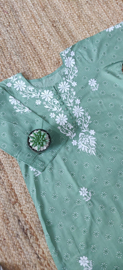 Green Printed Cotton Chikankari Kurta