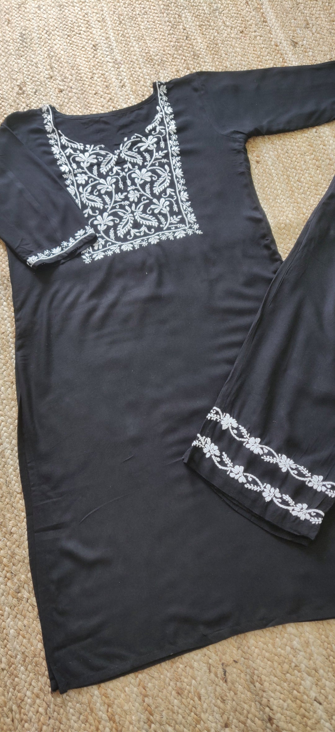 Black Rayon Chikankari Kurta With Pant Set- Custom Made