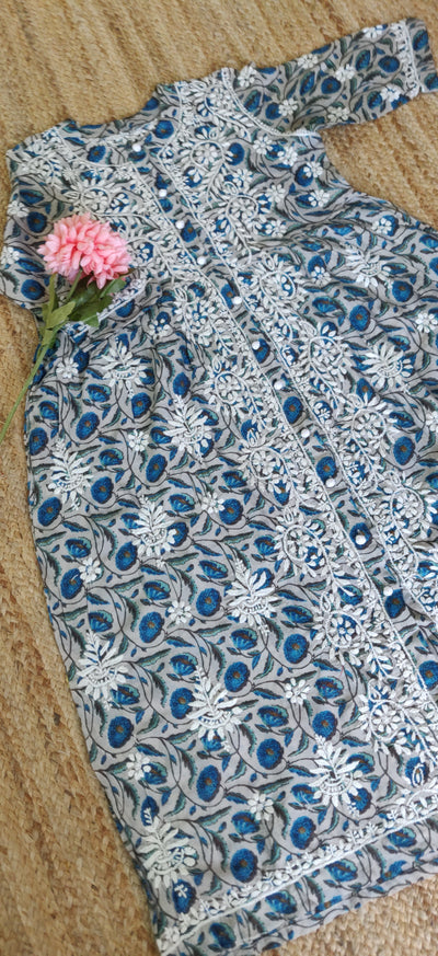 Blue Printed Cotton Chikankari Kurta