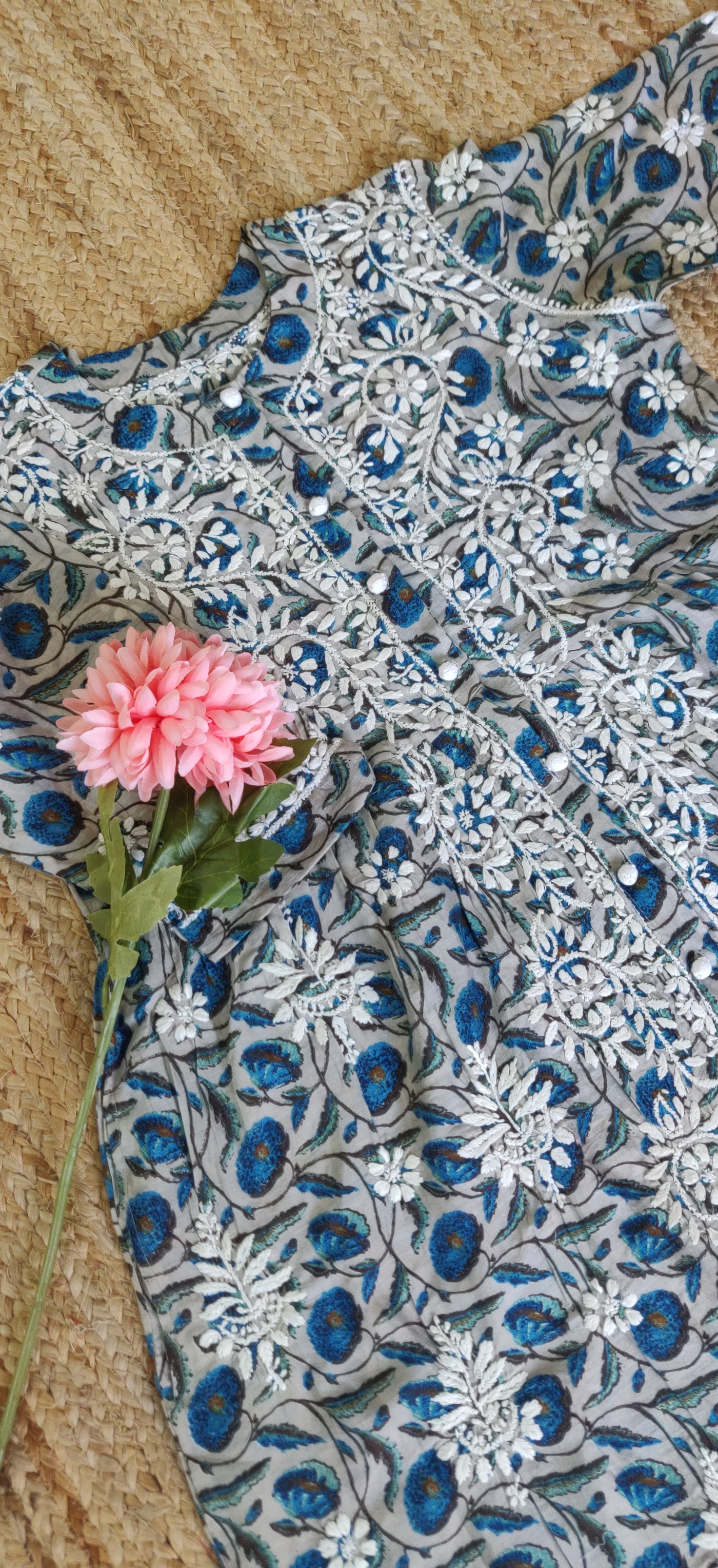 Blue Printed Cotton Chikankari Kurta