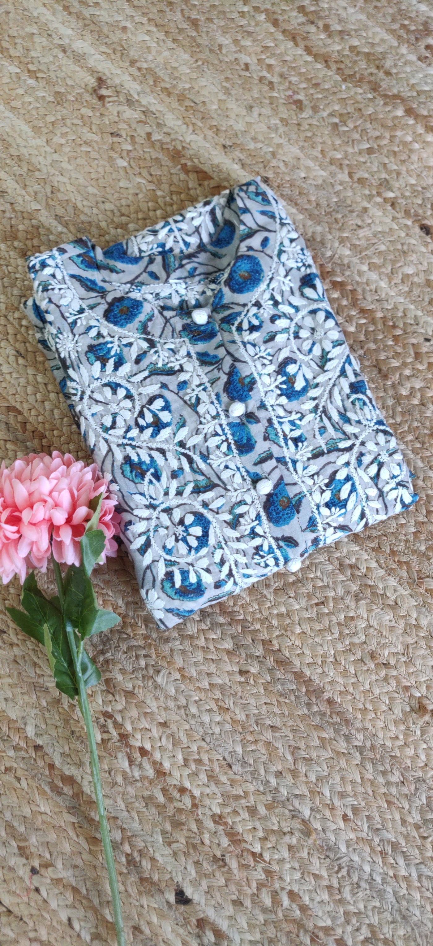 Blue Printed Cotton Chikankari Kurta