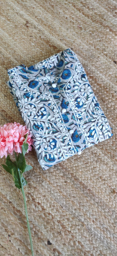 Blue Printed Cotton Chikankari Kurta