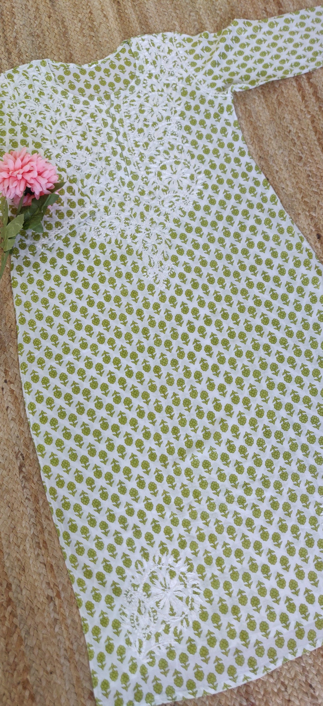 White and Green Printed Cotton Chikankari Kurta