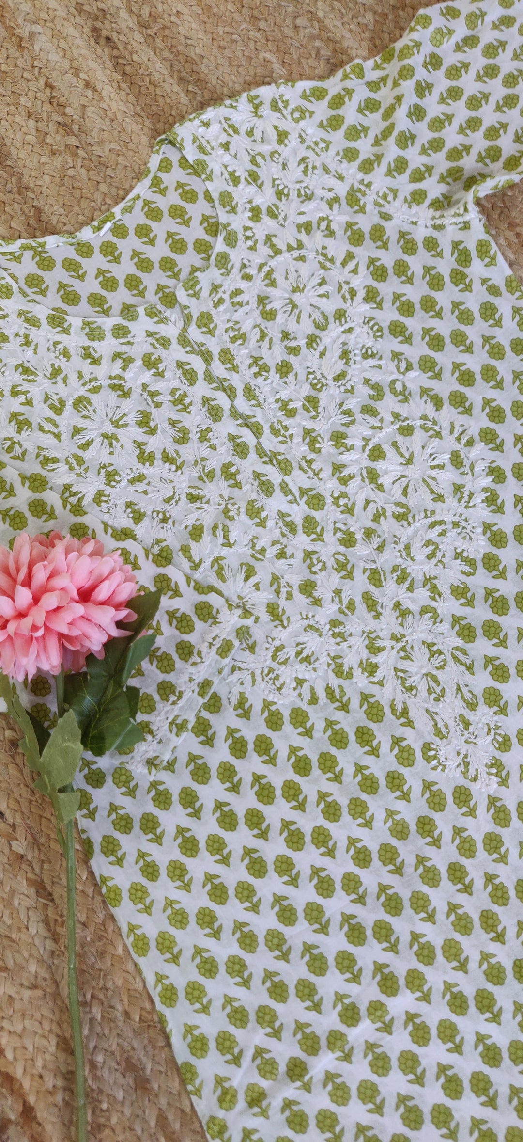 White and Green Printed Cotton Chikankari Kurta