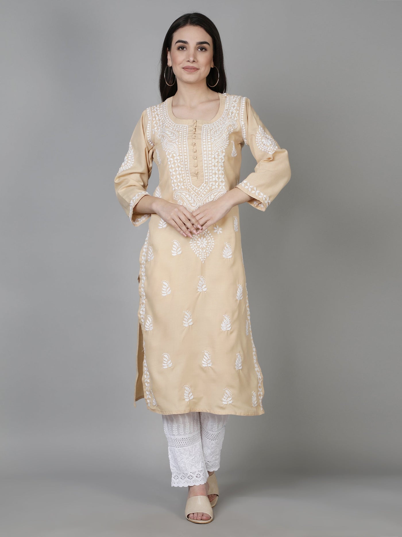 Beige Cotton Chikankari Kurta