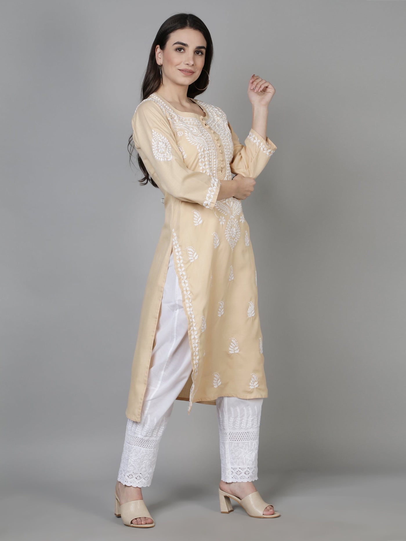 Beige Cotton Chikankari Kurta