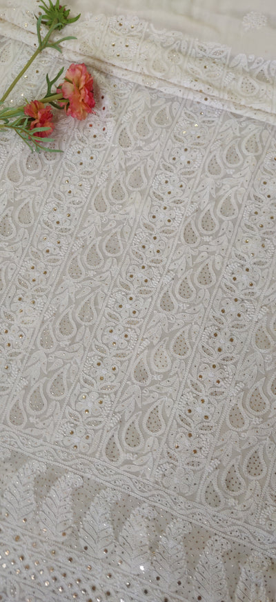 Off White Pure Georgette Chikankari Fabric