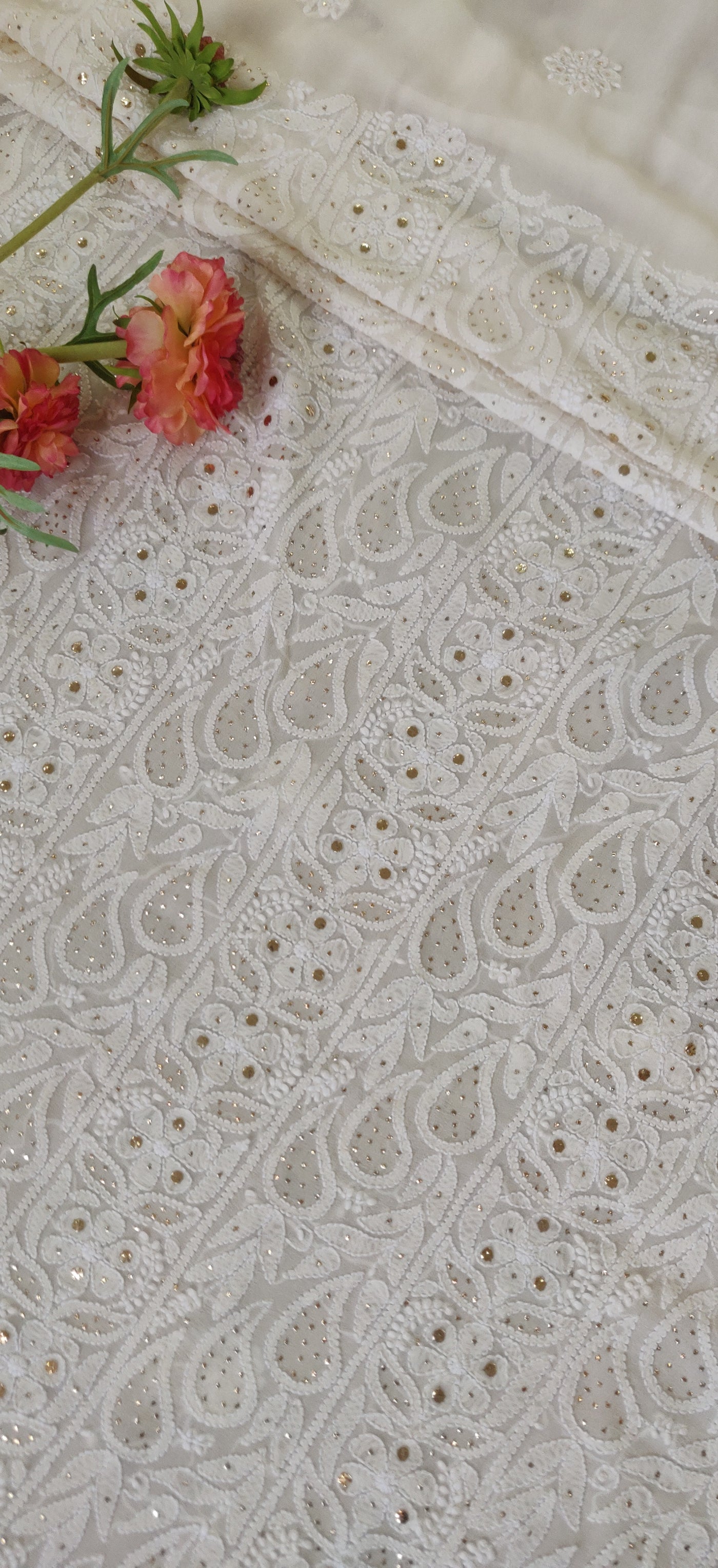 Off White Pure Georgette Chikankari Fabric