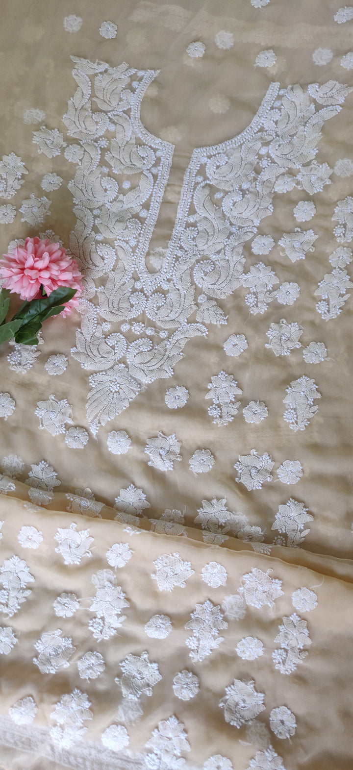 Beige Georgette Chikankari Kurta Dupatta fabric