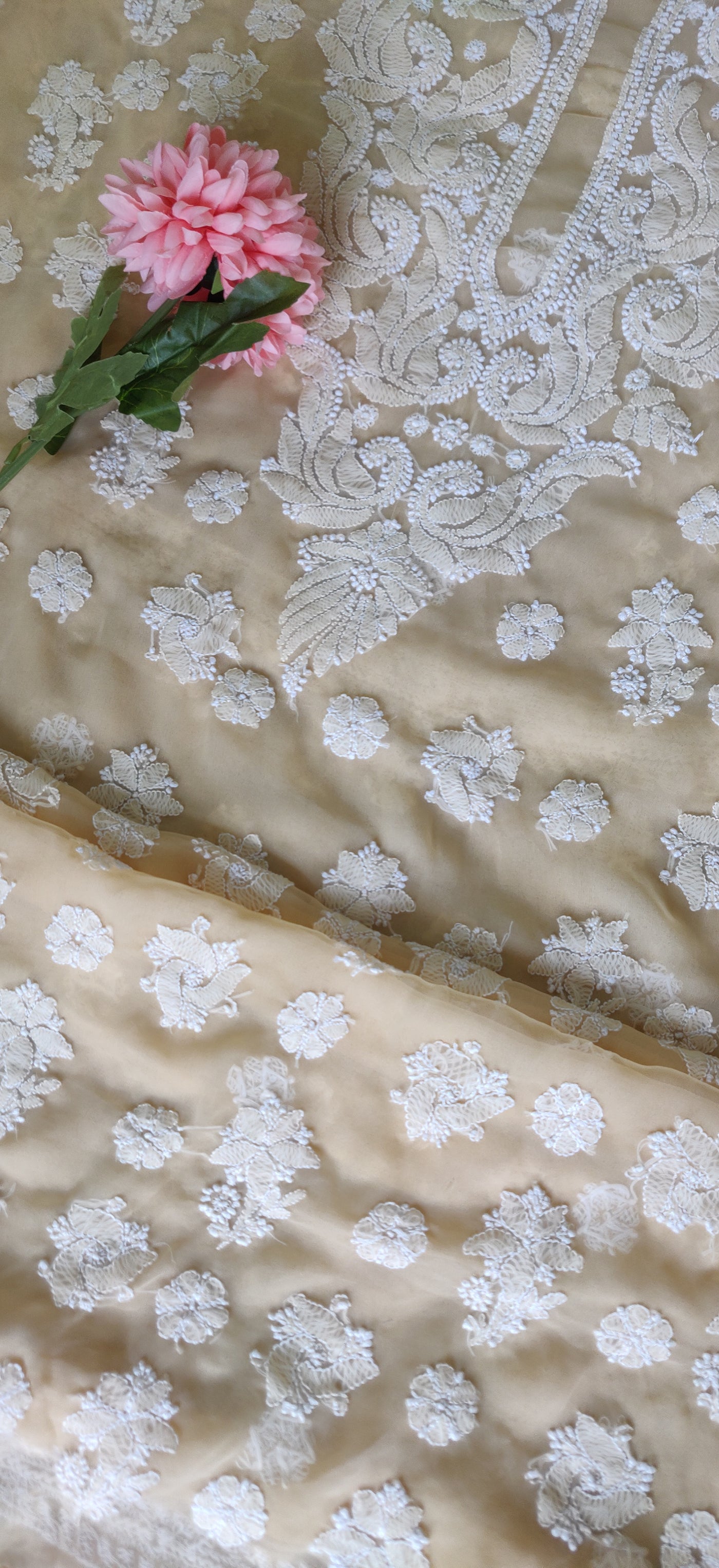 Beige Georgette Chikankari Kurta Dupatta fabric