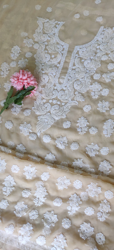 Beige Georgette Chikankari Kurta Dupatta fabric