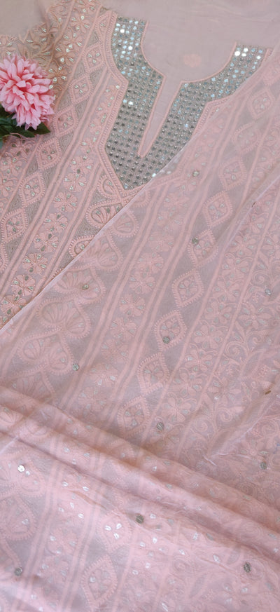 Peach Georgette Chikankari Kurta Dupatta Fabric