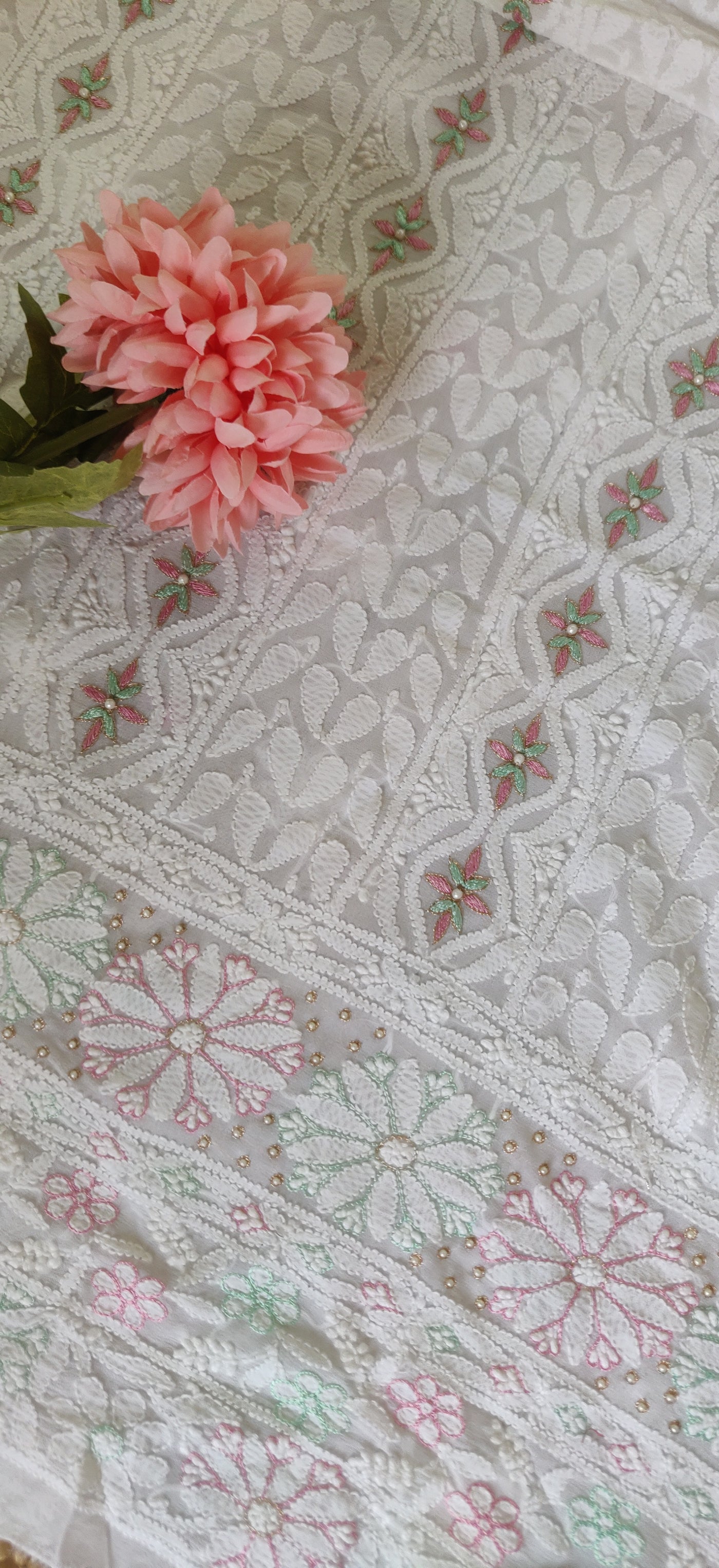 White pure  Georgette Chikankari Kurta Dupatta fabric