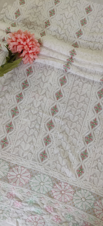 White pure  Georgette Chikankari Kurta Dupatta fabric