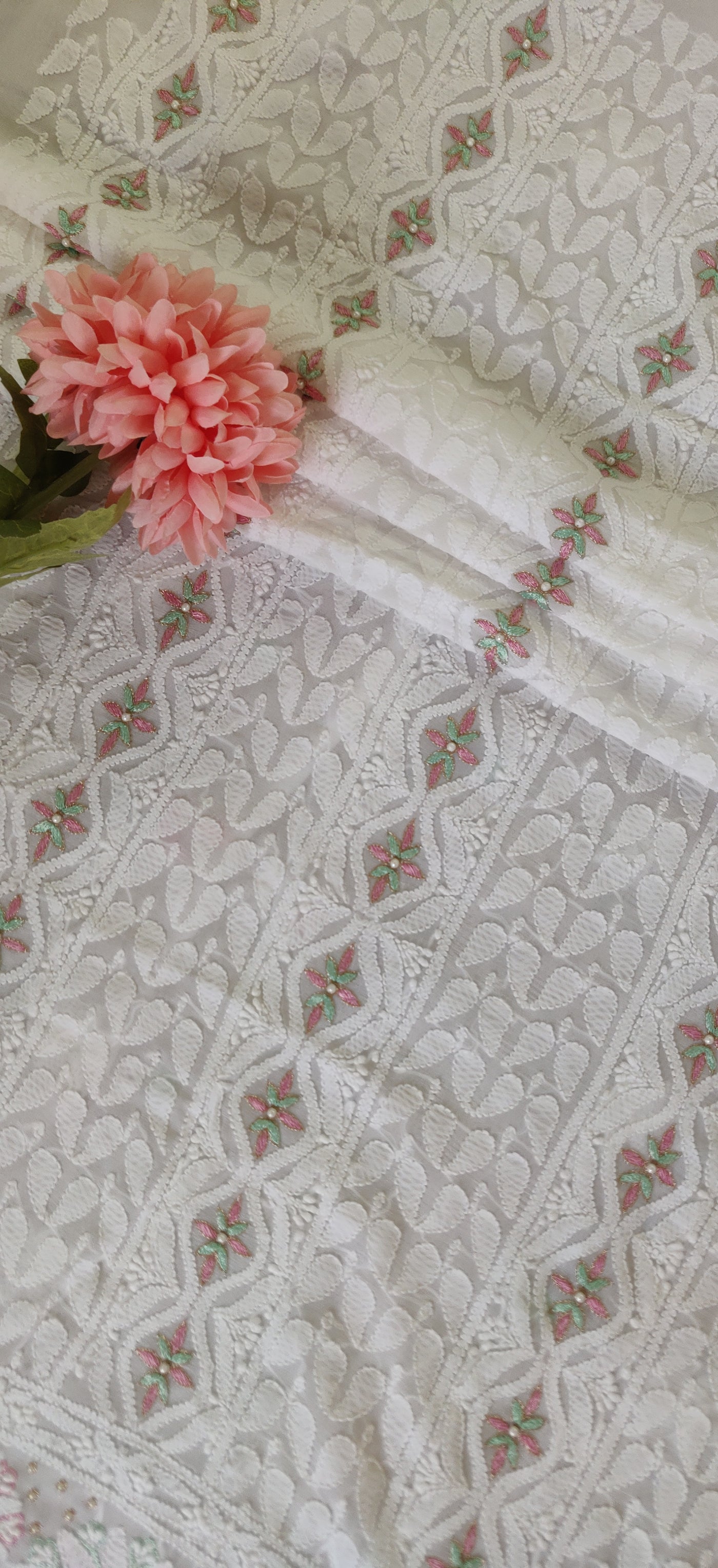 White pure  Georgette Chikankari Kurta Dupatta fabric