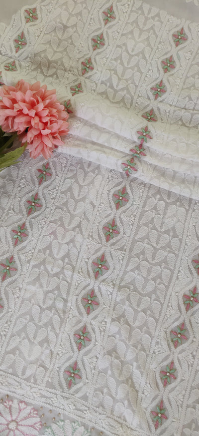 White pure  Georgette Chikankari Kurta Dupatta fabric