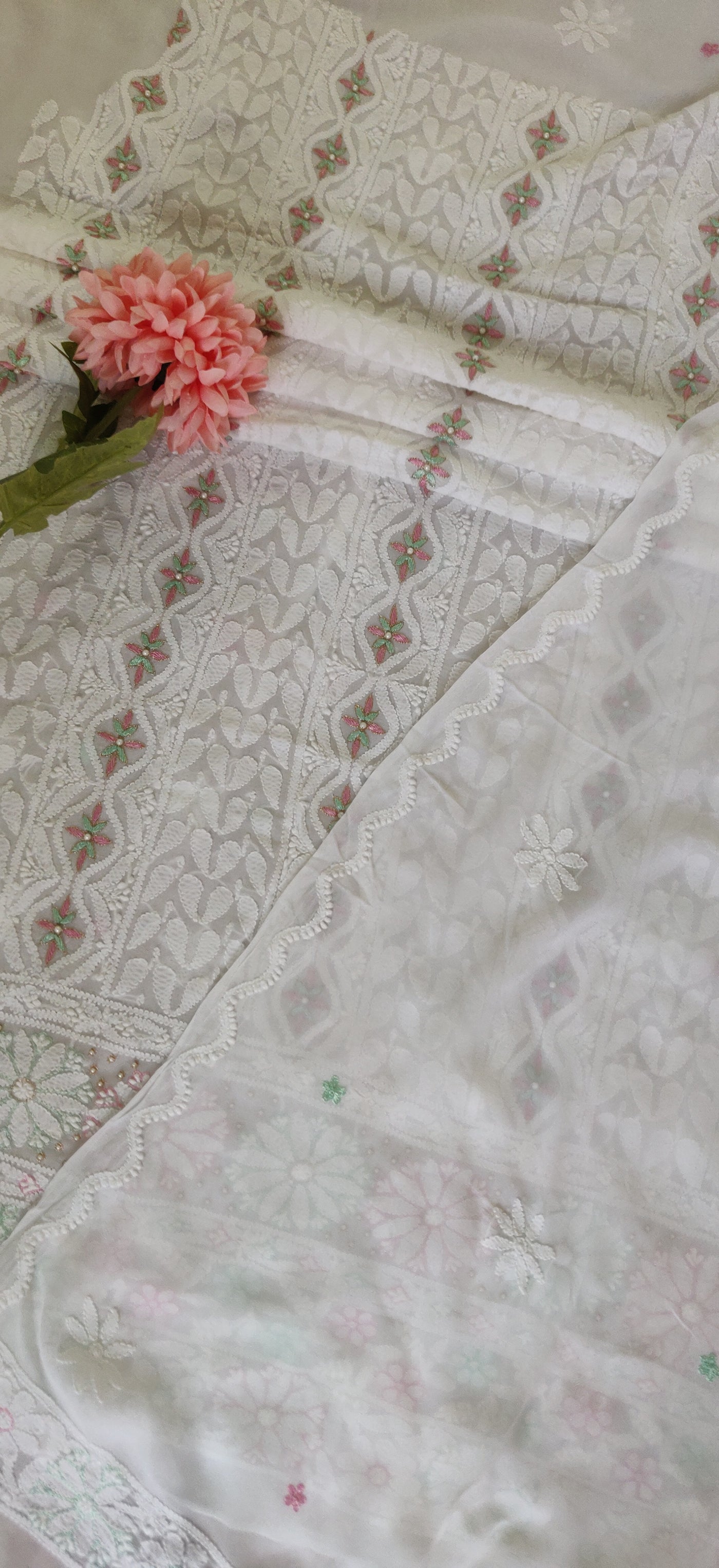 White pure  Georgette Chikankari Kurta Dupatta fabric