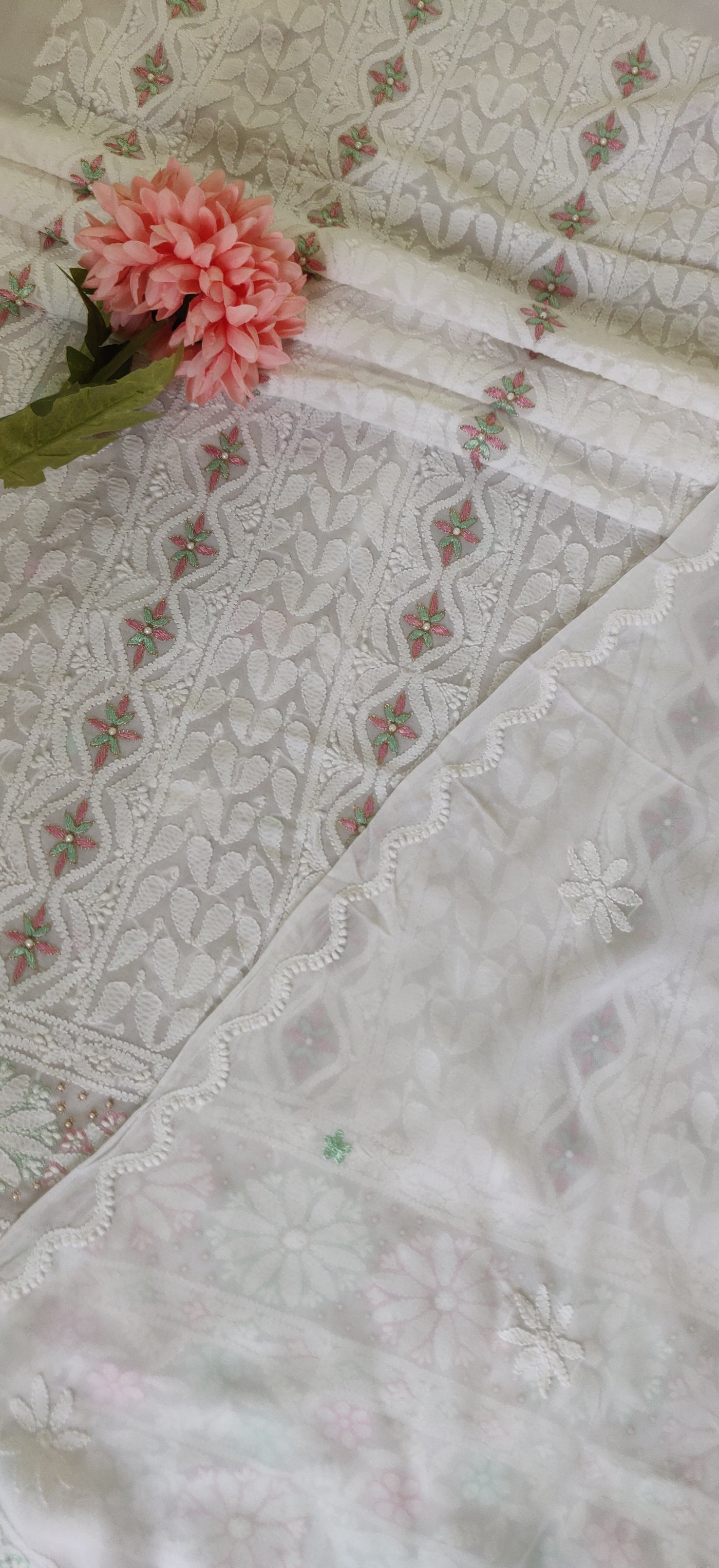 White pure  Georgette Chikankari Kurta Dupatta fabric