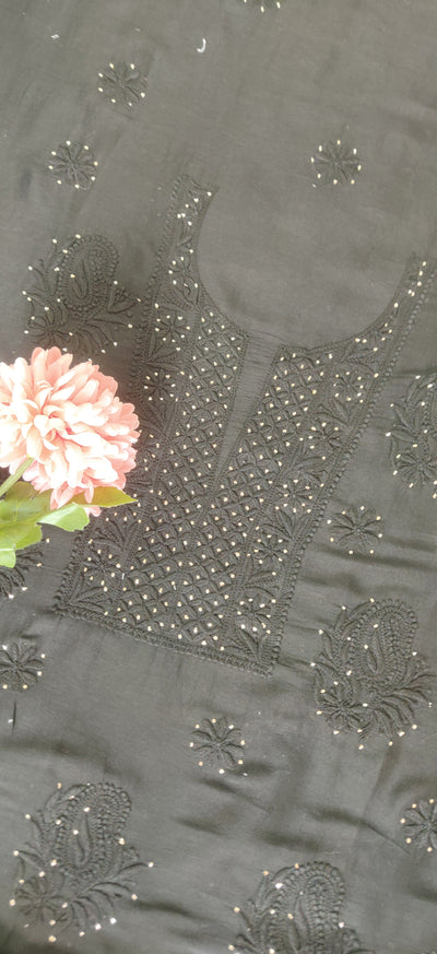 Black Cotton Chikankari Kurta Fabric