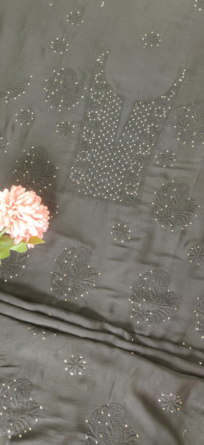 Black Cotton Chikankari Kurta Fabric