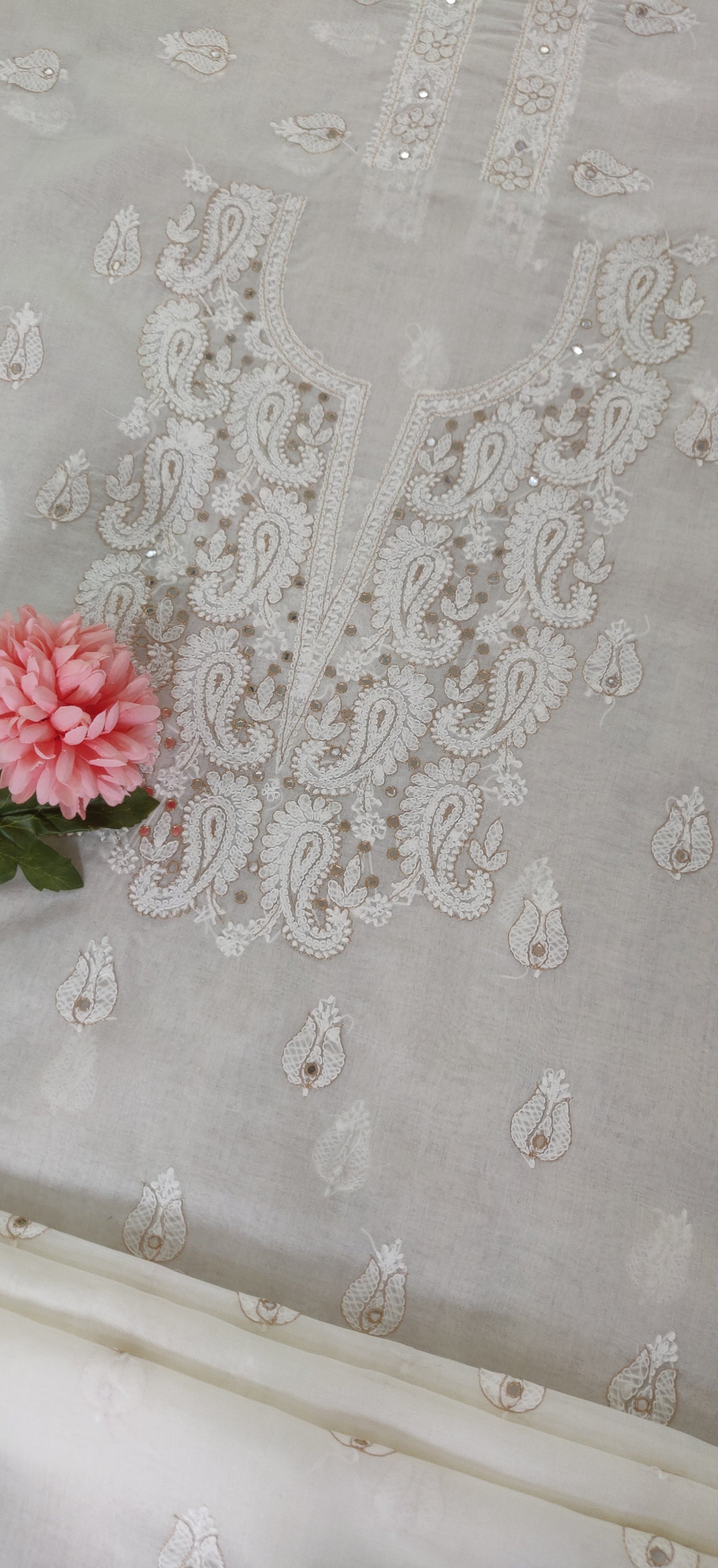 Off White Cotton Chikankari Kurta Fabric