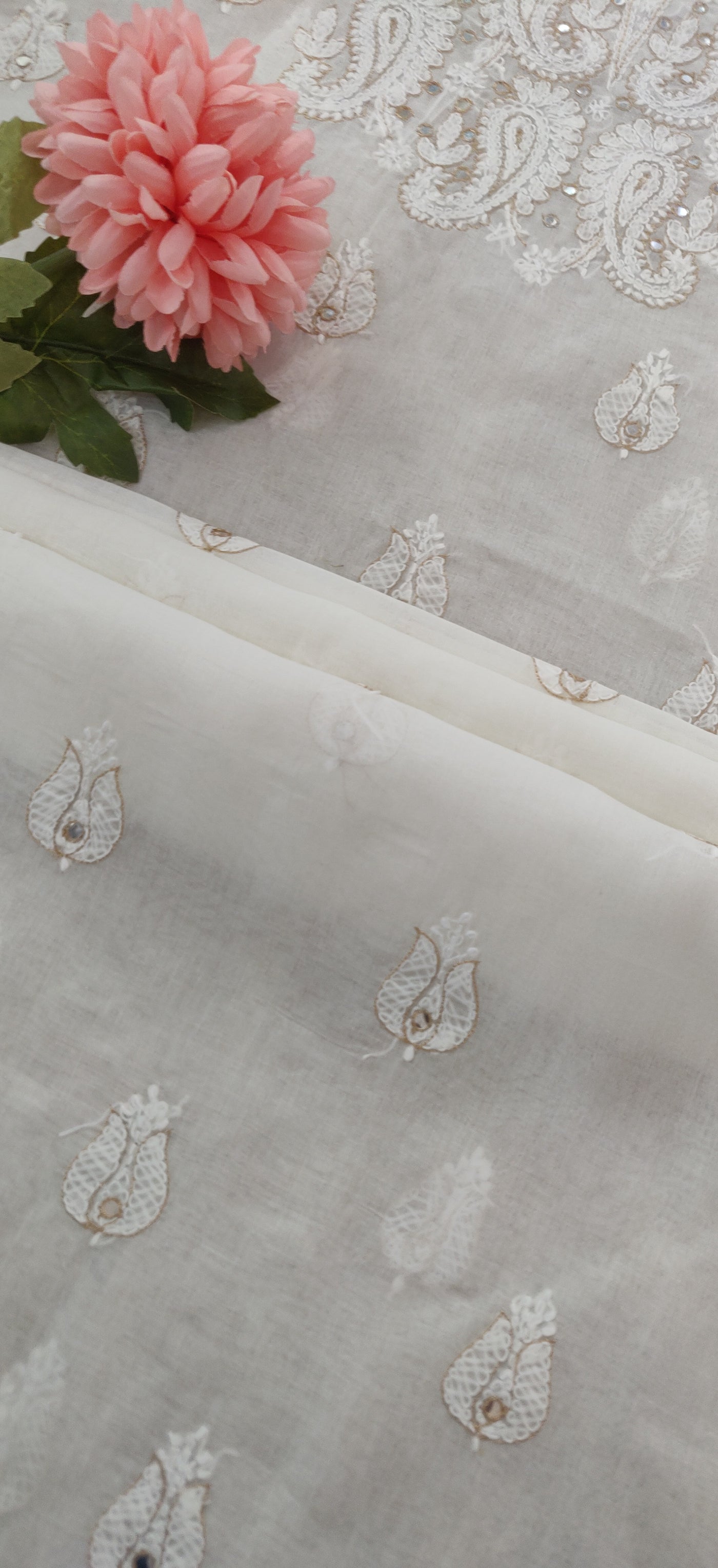 Off White Cotton Chikankari Kurta Fabric