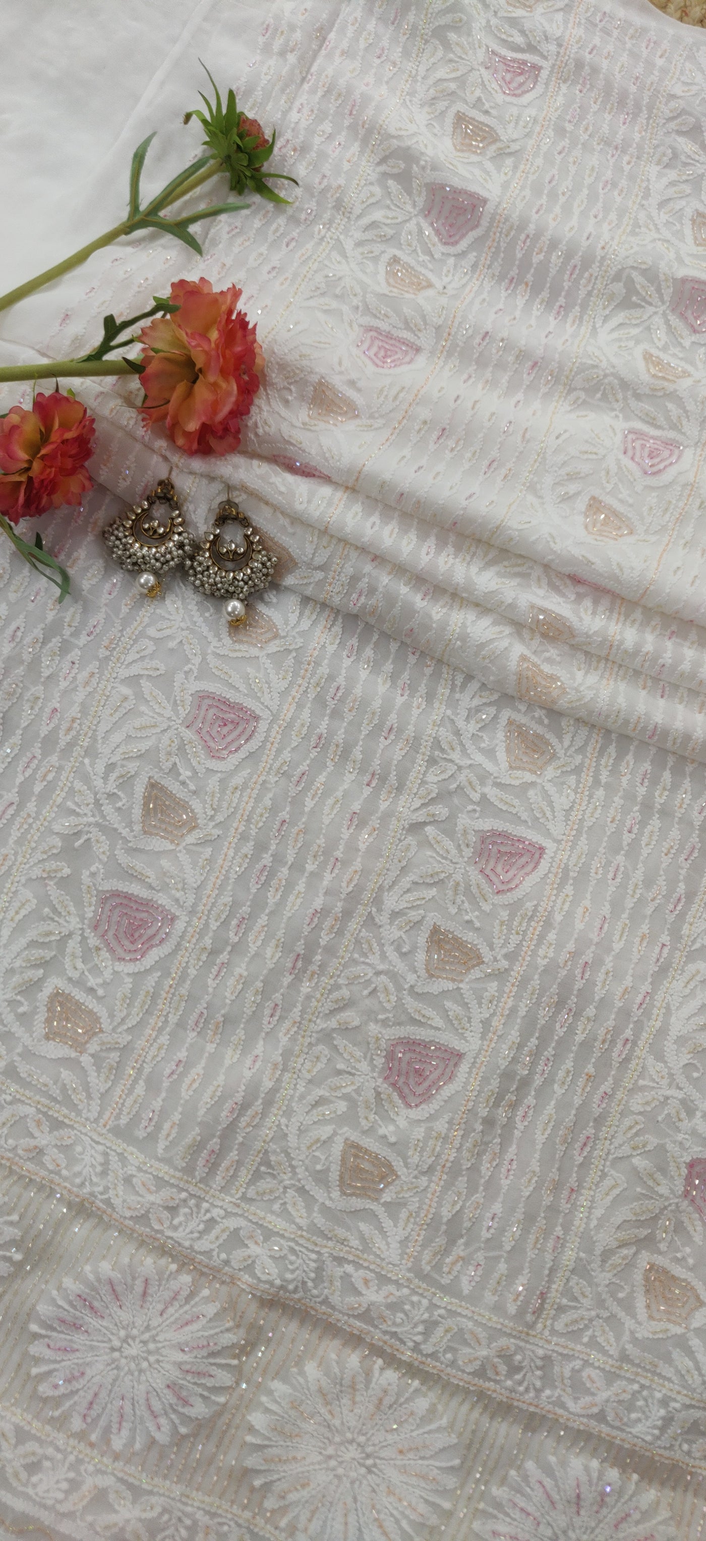 White pure Georgette chikankari kurta dupatta fabric