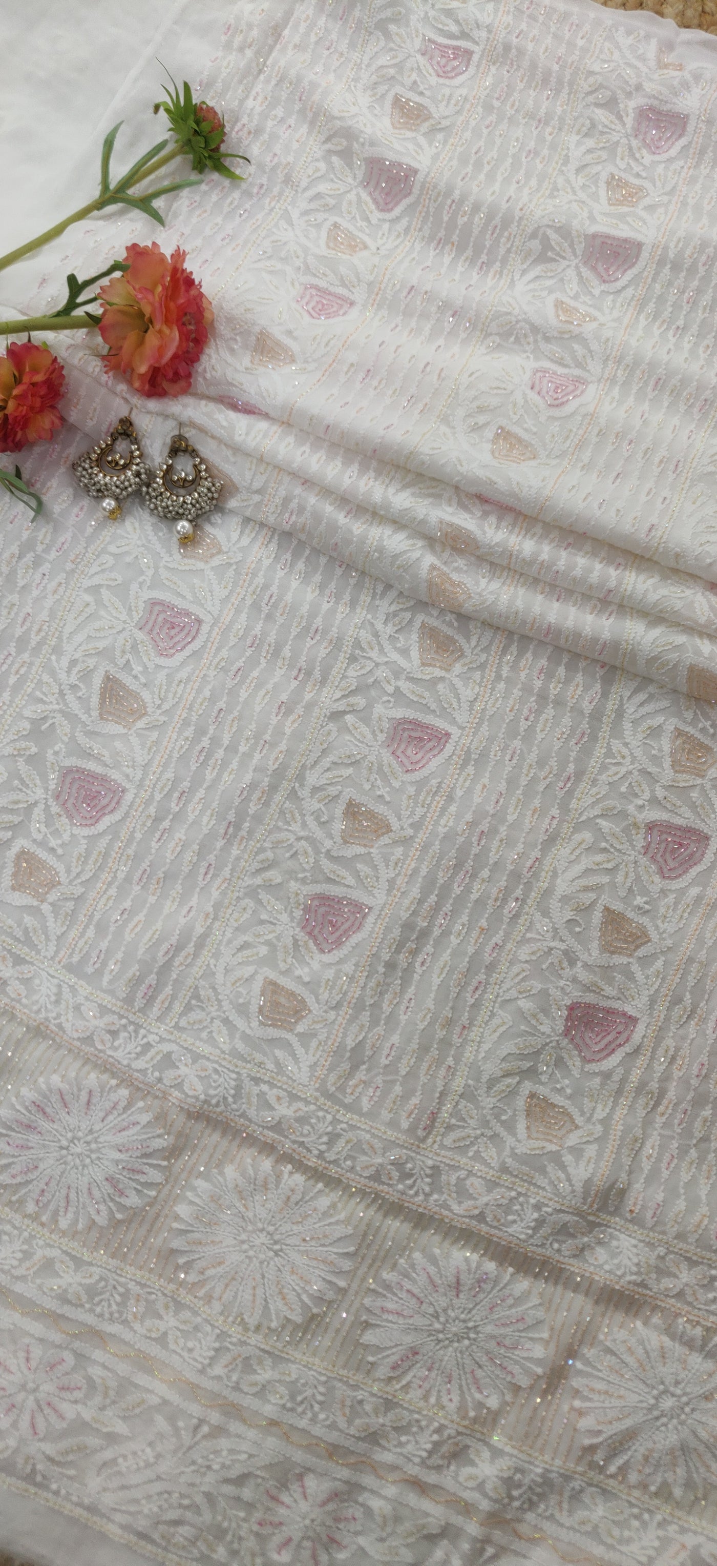 White pure Georgette chikankari kurta dupatta fabric