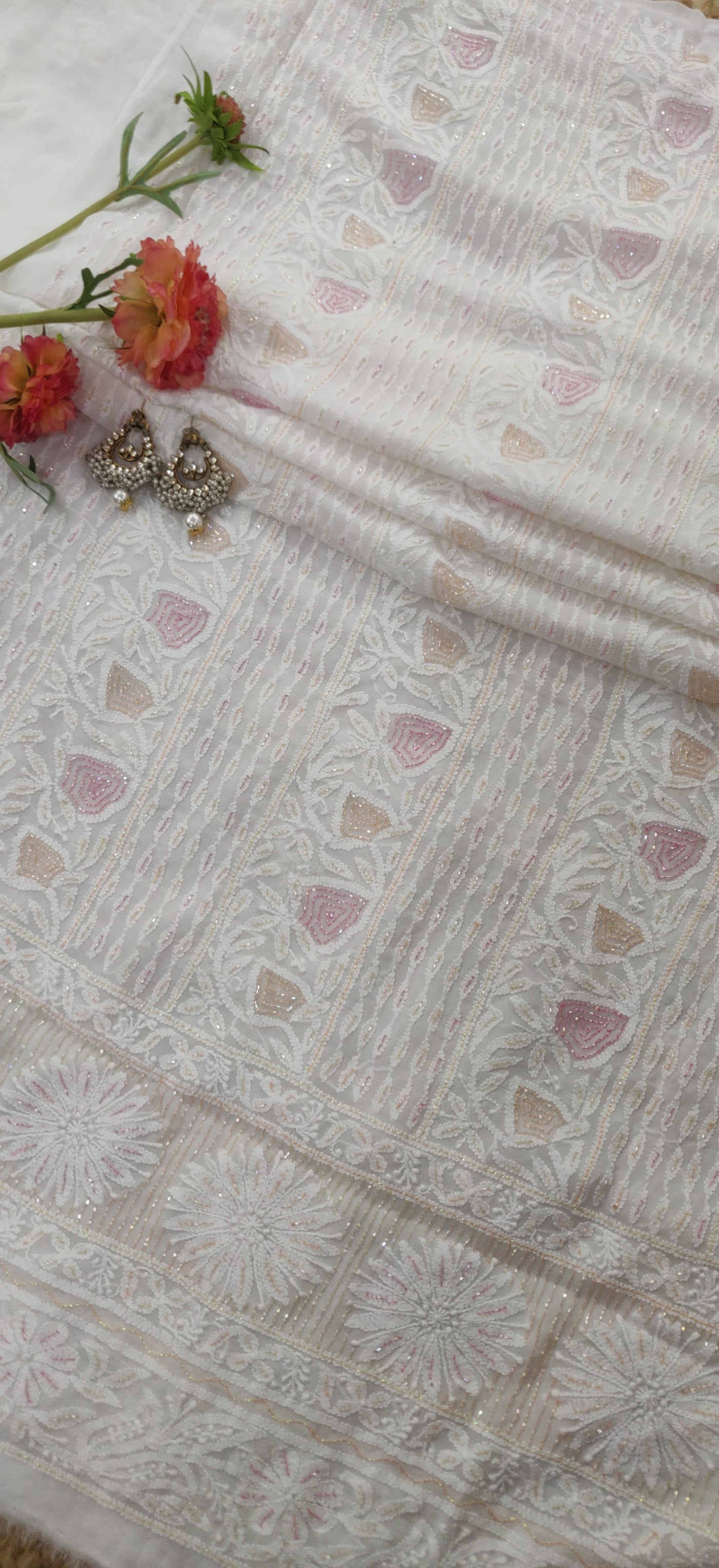 White pure Georgette chikankari kurta dupatta fabric